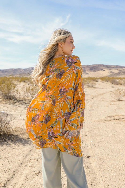 Tropical Leaves Draped Sleeve Kimono Outwear