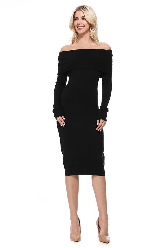 Off Shoulder Long Sleeve Slim Fit Midi Knit Dress