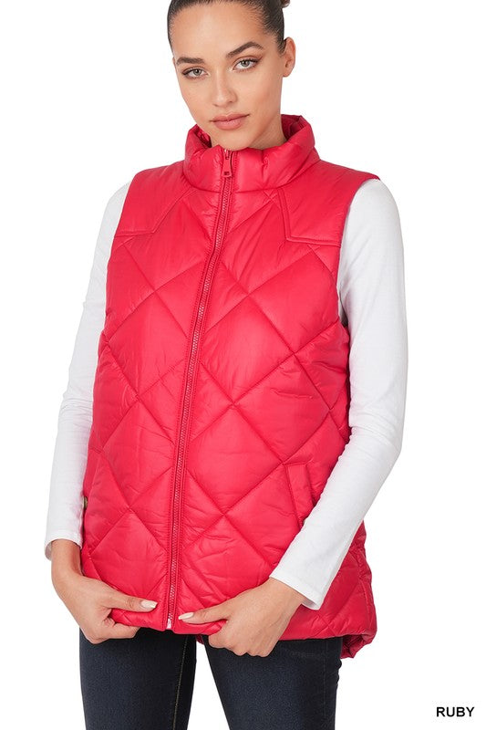 Diamond Quilted Zip Front Vest Outerwear