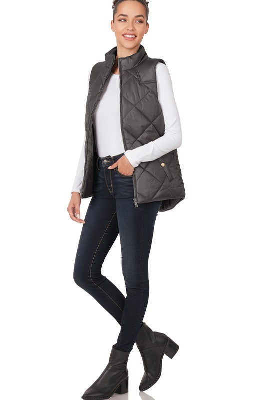 Diamond Quilted Zip Front Vest Outerwear