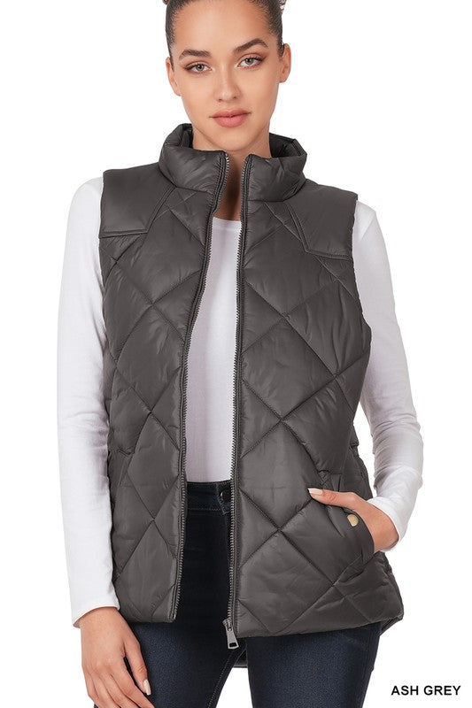 Diamond Quilted Zip Front Vest Outerwear