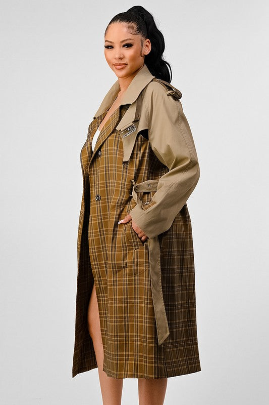 ATHINA PLAID AND KHAKI CONTRAST TRENCH COAT