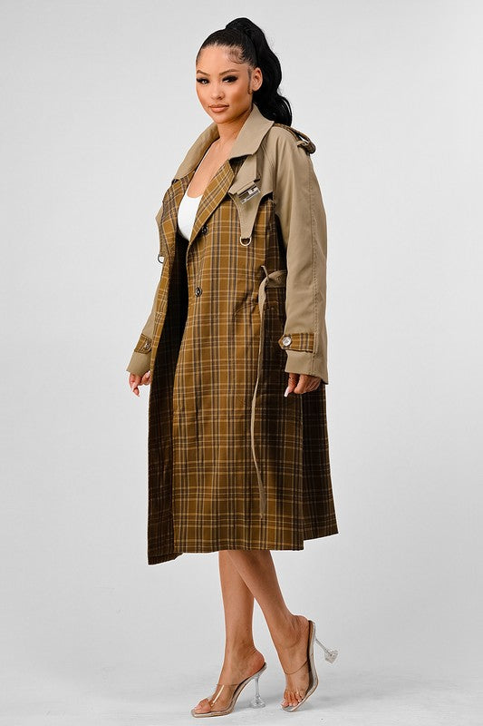 ATHINA PLAID AND KHAKI CONTRAST TRENCH COAT