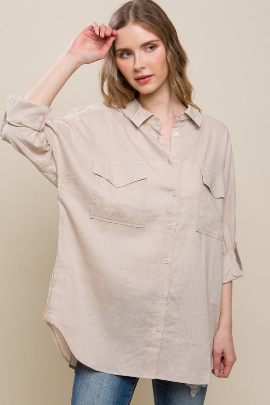 Linen Oversized Double Pocket Button Down Shirt