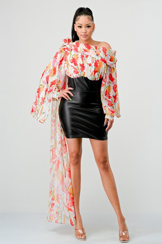 ATHINA FLORAL LEATHER MINI DRESS