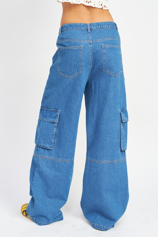 WIDE LEG DENIM PANTS WITH POCKETS