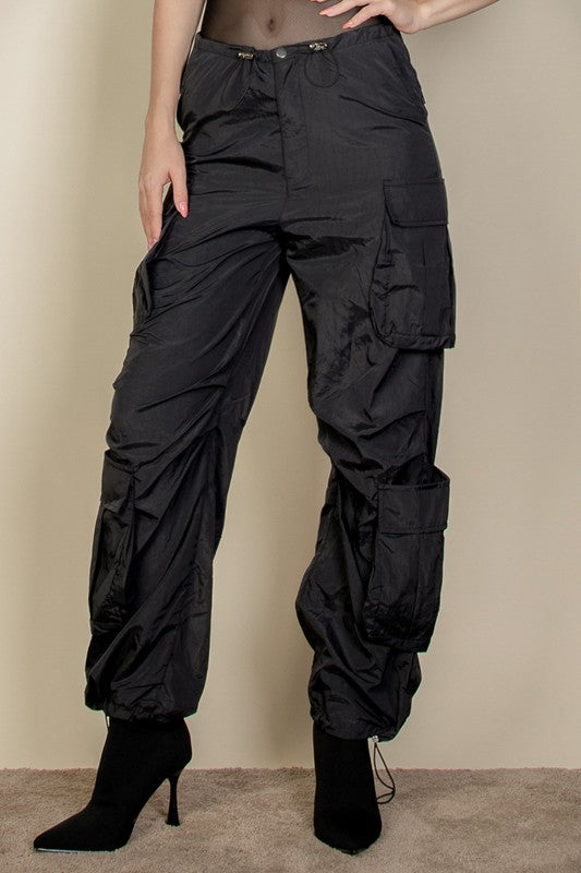 Flap Pockets Drawstring Ruched Parachute Pants