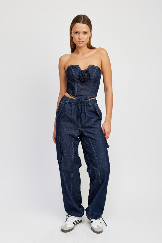 DENIM CORSET TUBE TOP WITH ROSETTE DETAIL