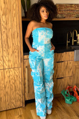 Blue Tie Dye Strapless Utility Jumpsuit.