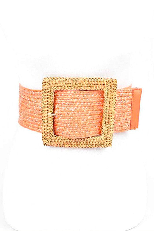 Bamboo Square Buckle Faux Straw Elastic Belt